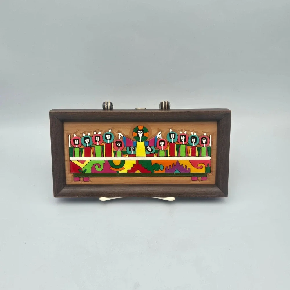 Latin American Folk Art Carved Wood The Last Supper Hand Painted Colorful MCM